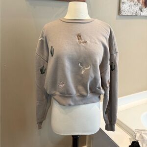 Embroidered Taupe Cropped Crewneck Sweater